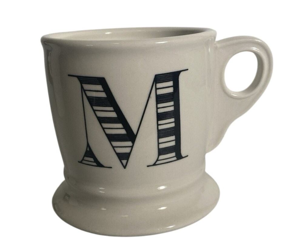 Anthropologie Monogram Initial Letter M Mug White Black Barber Coffee Tea Cup